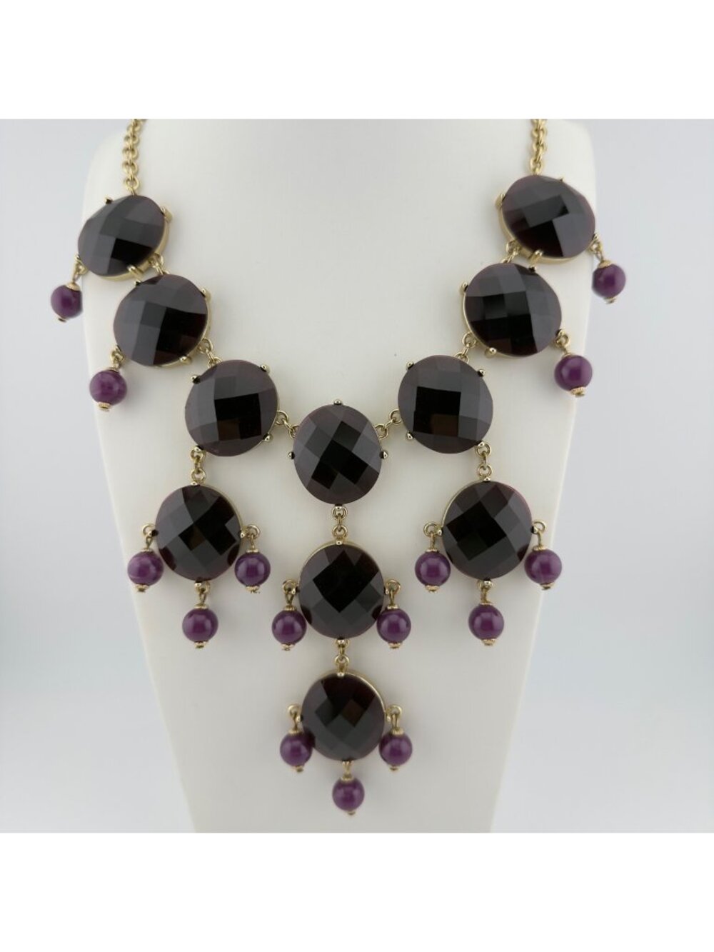 Purple Statement Bib Necklace Gold Tone Faceted Acrylic
